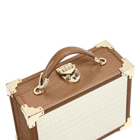 Mini Trunk Clutch in Deep Shine Ivory Small Croc & Camel Lizard with Zig Zag Strap from Aspinal of London