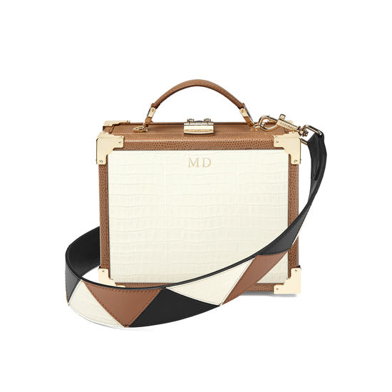 Mini Trunk Clutch in Deep Shine Ivory Small Croc & Camel Lizard with Zig Zag Strap from Aspinal of London