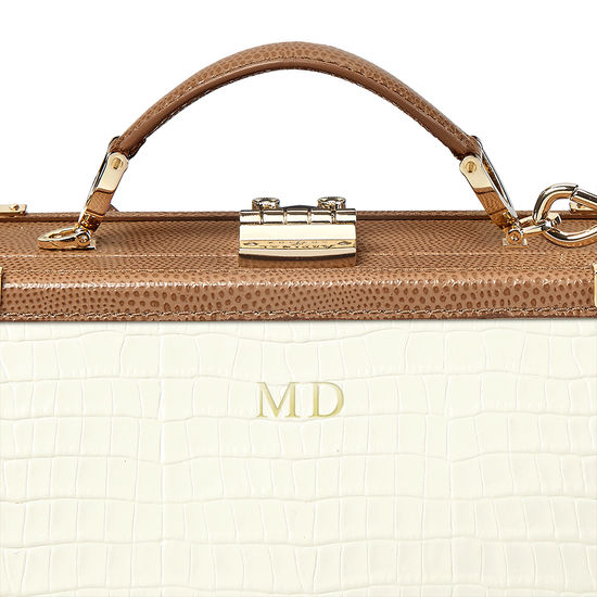 Mini Trunk Clutch in Deep Shine Ivory Small Croc & Camel Lizard with Zig Zag Strap from Aspinal of London