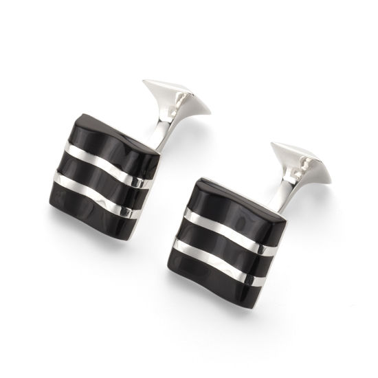 Wave Sterling Silver & Onyx Cufflinks from Aspinal of London