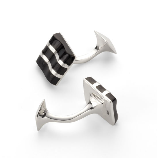 Wave Sterling Silver & Onyx Cufflinks from Aspinal of London