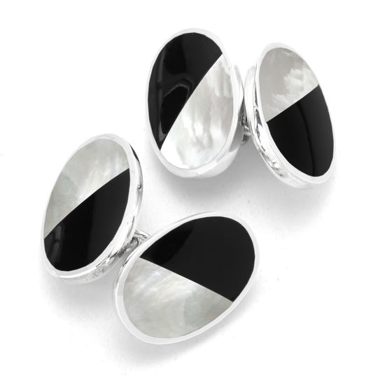 Sterling Silver Black Onyx & Mother of Pearl Oval Bicolour Cufflinks from Aspinal of London