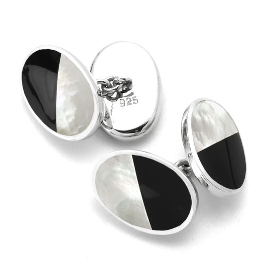 Sterling Silver Black Onyx & Mother of Pearl Oval Bicolour Cufflinks from Aspinal of London