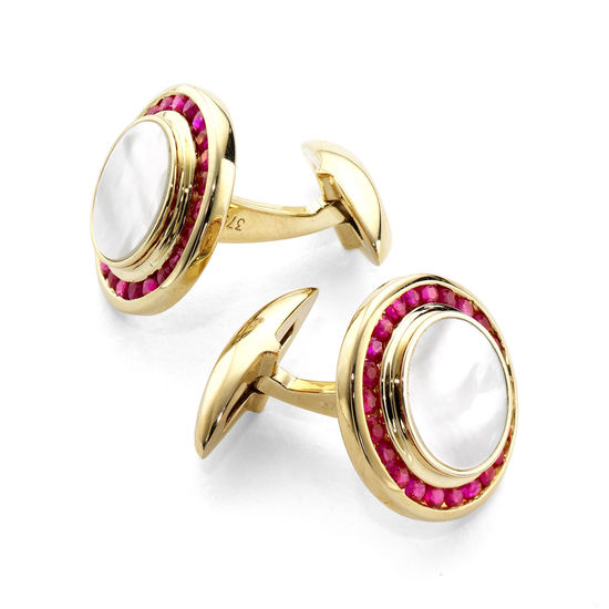 Round Mother of Pearl Cufflinks Gemset with Cluster Rubies in 9ct. Yellow Gold from Aspinal of London