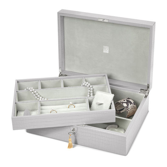 Grand Luxe Jewellery Case in Deep Shine Dove Grey Small Croc from Aspinal of London