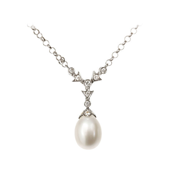 Victoriana Diamond & Pearl Drop Pendant Necklace from Aspinal of London