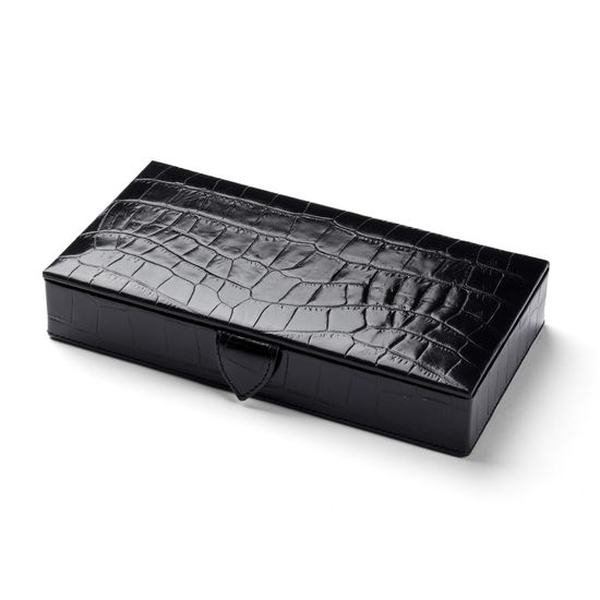 Men’s Cufflink Box in Deep Shine Black Croc & Cobalt Blue Suede from Aspinal of London