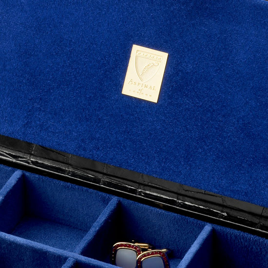 Men’s Cufflink Box in Deep Shine Black Croc & Cobalt Blue Suede from Aspinal of London