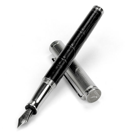 Sterling Silver & Leather Fountain Pen in Deep Shine Black Croc from Aspinal of London