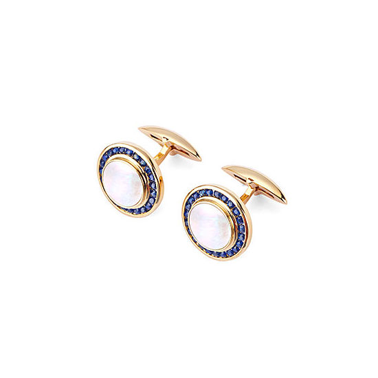 Round Mother of Pearl Cufflinks Gemset with Cluster Sapphire in 9ct Yellow Gold from Aspinal of London