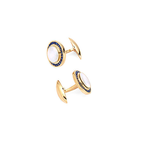 Round Mother of Pearl Cufflinks Gemset with Cluster Sapphire in 9ct Yellow Gold from Aspinal of London