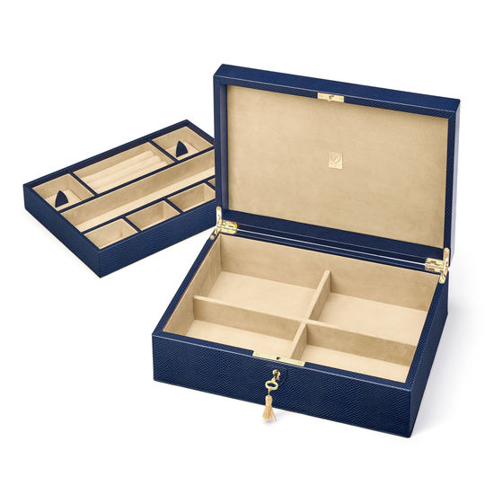 Grand Luxe Jewellery Case in Midnight Blue Lizard from Aspinal of London