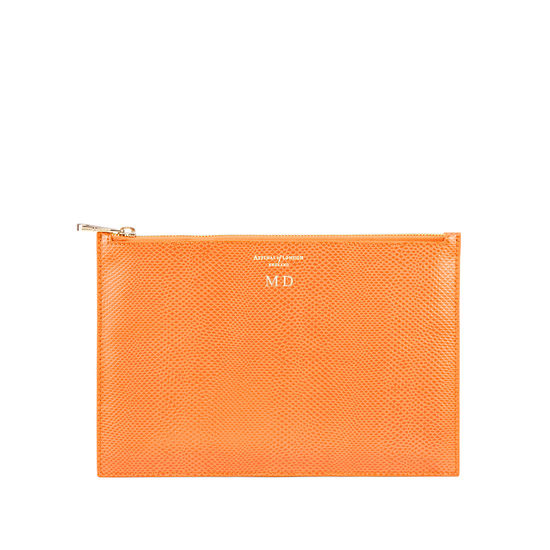 Large Essential Flat Pouch in Orange Lizard from Aspinal of London