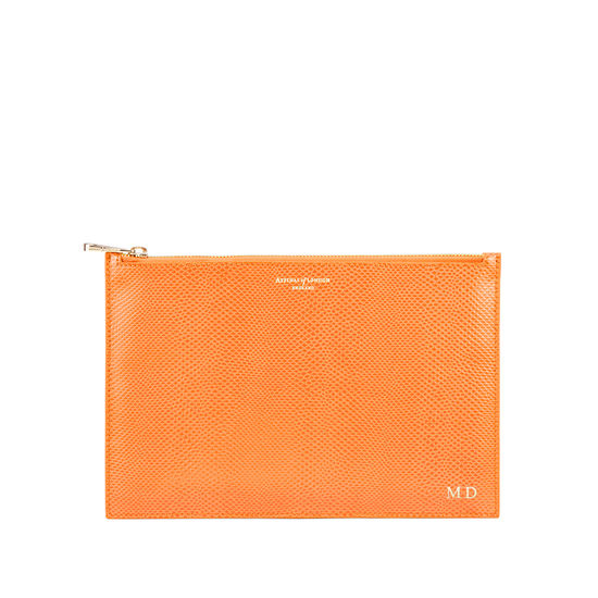 Large Essential Flat Pouch in Orange Lizard from Aspinal of London