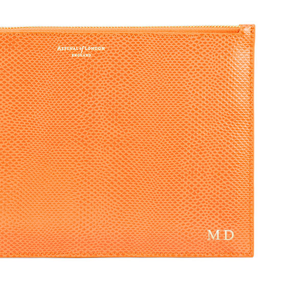 Large Essential Flat Pouch in Orange Lizard from Aspinal of London