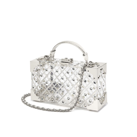Trinket Box in Diamond Cut Transparent Acrylic with Silver Crystals from Aspinal of London