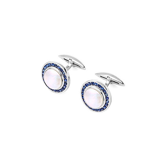 Round Mother of Pearl Cufflinks Gemset with Cluster Sapphires in 9ct White Gold from Aspinal of London