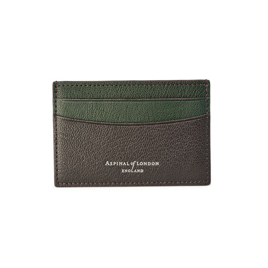 Slim Credit Card Holder in Chocolate & Green Goatskin from Aspinal of London