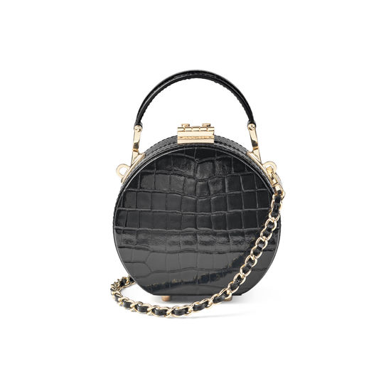 Micro Hat Box in Black Patent Croc from Aspinal of London