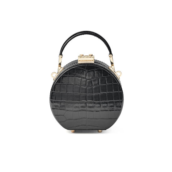 Micro Hat Box in Black Patent Croc from Aspinal of London