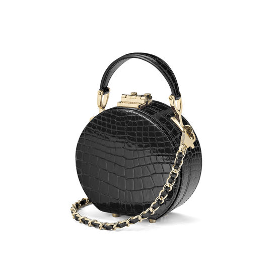 Micro Hat Box in Black Patent Croc from Aspinal of London