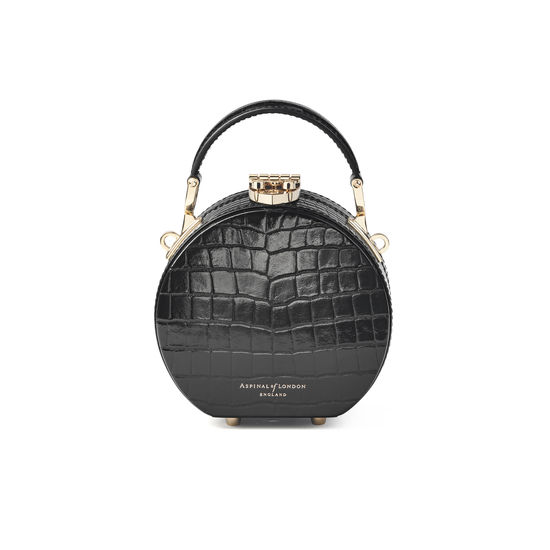 Micro Hat Box in Black Patent Croc from Aspinal of London