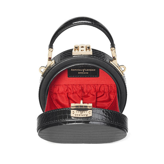 Micro Hat Box in Black Patent Croc from Aspinal of London