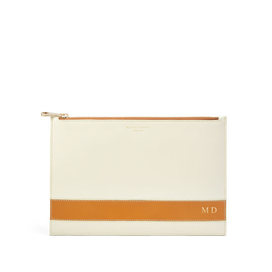 Large Essential Flat Pouch in Smooth Ivory & Mustard from Aspinal of London