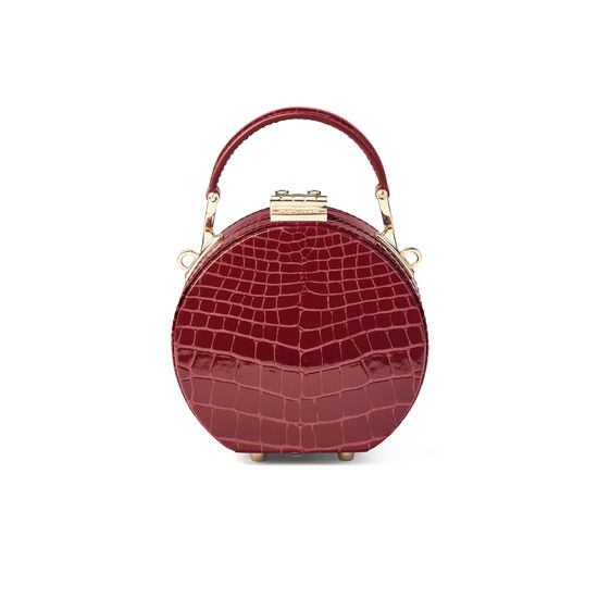 Micro Hat Box in Bordeaux Patent Croc from Aspinal of London