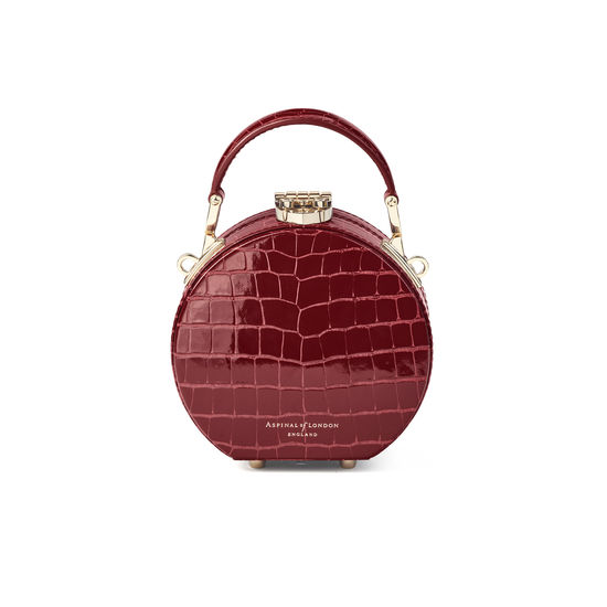 Micro Hat Box in Bordeaux Patent Croc from Aspinal of London