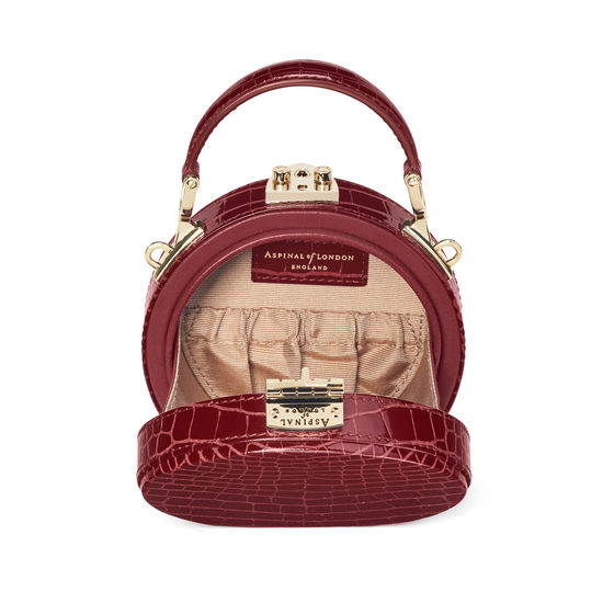 Micro Hat Box in Bordeaux Patent Croc from Aspinal of London