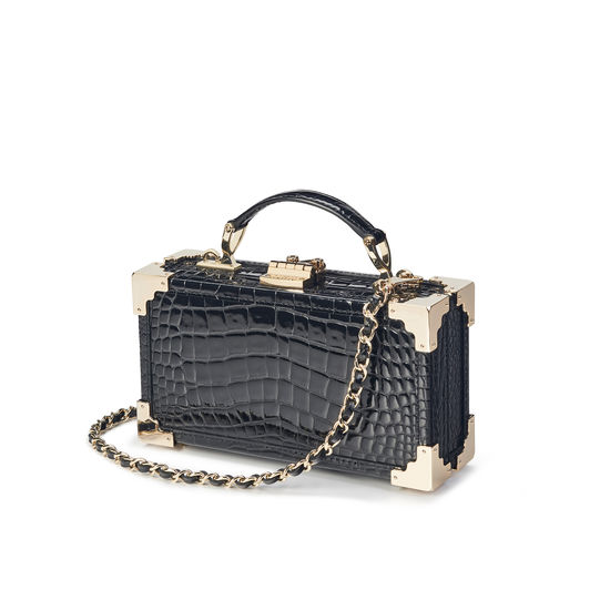 Trinket Box in Black Patent Croc from Aspinal of London