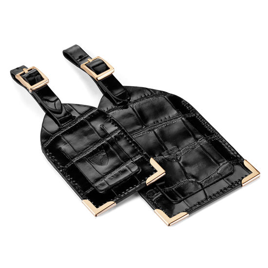 Set of 2 Luggage Tags in Deep Shine Black Croc from Aspinal of London