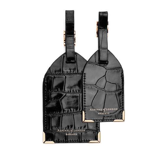 Set of 2 Luggage Tags in Deep Shine Black Croc from Aspinal of London