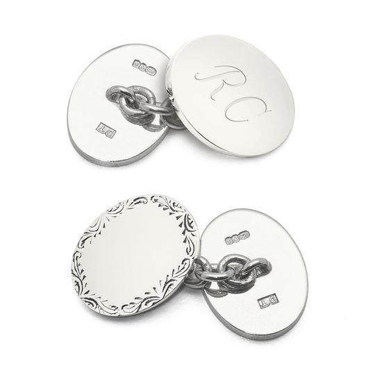 Sterling Silver Double Oval Engraved Edge Cufflinks from Aspinal of London