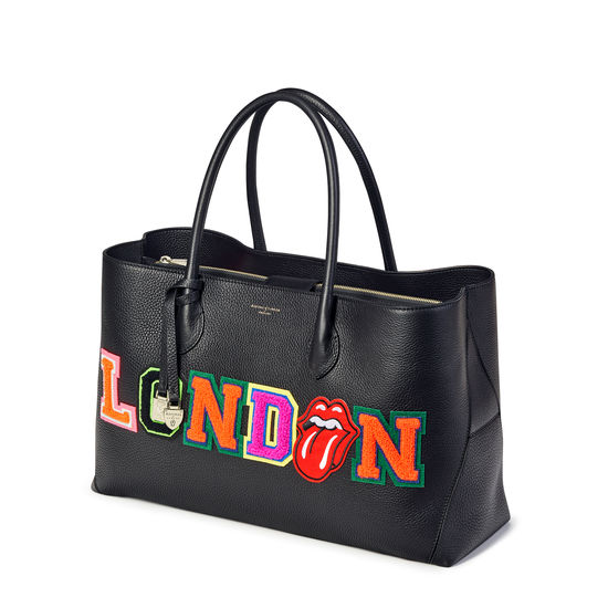 London Tote in Black Pebble with London Embroidered Letters from Aspinal of London